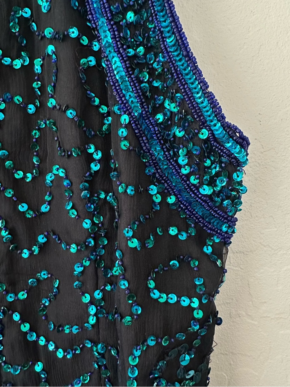 Vintage Laurence Kazar Black Silk Sequin Front Slit Halter Formal Gown, L - Picture 8 of 11